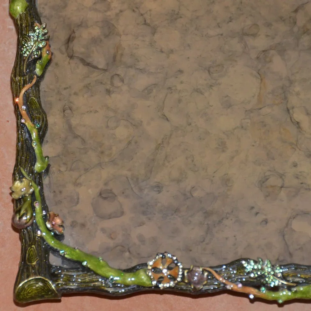 JAY STRONGWATER AUTUMN LEAF TWIG ACORN CRYSTAL ENAMEL MIRROR VANITY TRAY